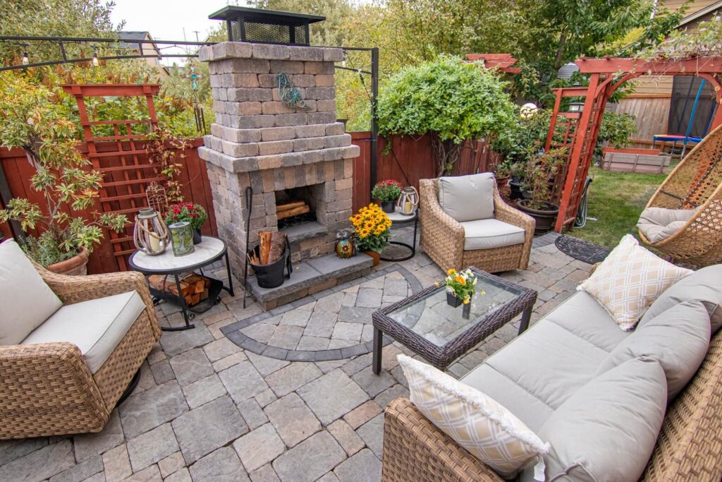 Paver patio with outdoor fireplace