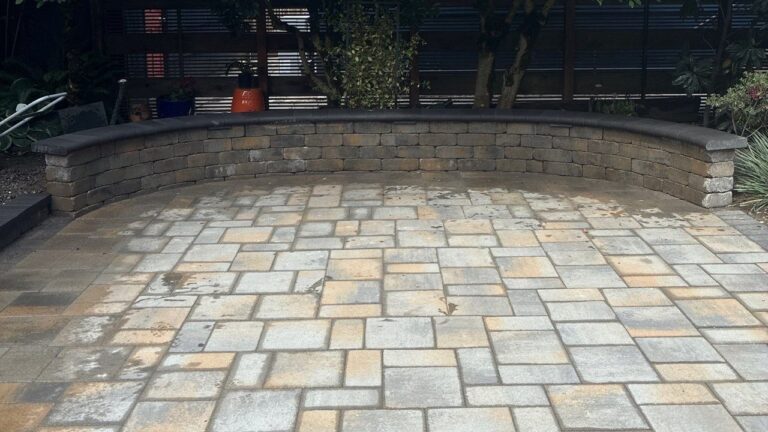 Paver Patio and Walkway in Portland, OR: 1,004 Sq Ft With a Curved Seat Wall