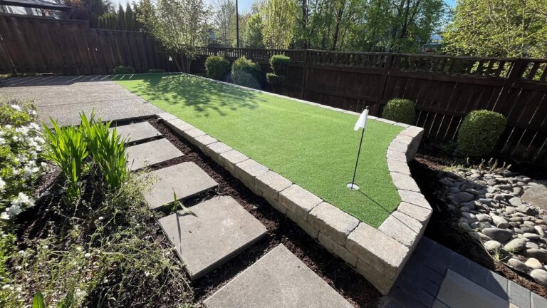 Backyard Putting Green Installation in Portland, OR: A Raised Green Built Over a Sloped Lawn