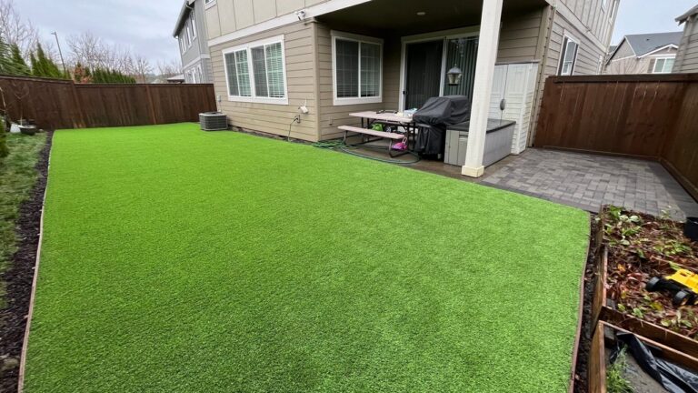 Pet Turf Installation in Beaverton, OR: 664 sq ft From a Single Roll, With a Herringbone Paver Side Yard
