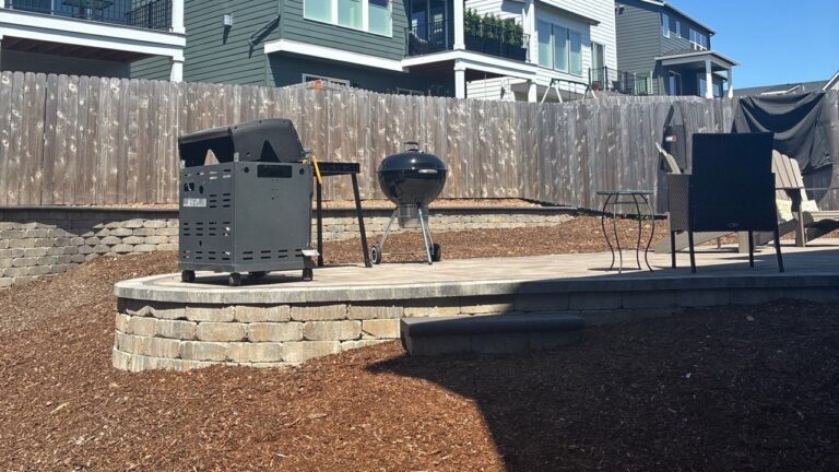 Retaining Wall and Raised Patio in Beaverton, OR: A Curved Weston Stone Grade Wall, a 40 ft Garden Wall and a Side Yard Stair